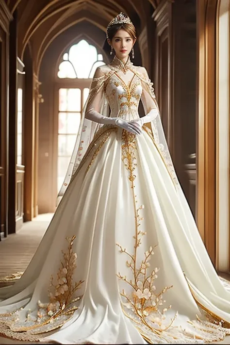  best quality、 ultra high resolution、Super delicate face、Ultra-detailed eyes and face、 wearing a gorgeous and colorful princess dress、tall and slim 、 tiara 、 white gloves、 walking down the hallway illuminated by sunlight filtering through the old castle 