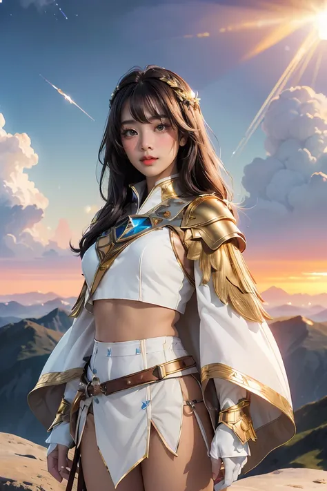 ((masterpiece, best quality, extremely detailed), volumetric lighting, ambient occlusion, colorful, glowing), 1girl, solo, young girl, (dark hair), long hair, ranger suit, hunter class dnd, cloak, (white outfit with gold detailst:1.3), armor, outdoors, sun...