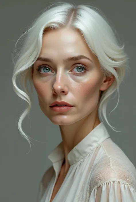  An elderly white-skinned woman with slight age marks,  with smooth and short platinum hair , intense light blue eyes ,  oval face with fine lines ,  thin, arched eyebrows ,  thin lips with a shade of nude . 
