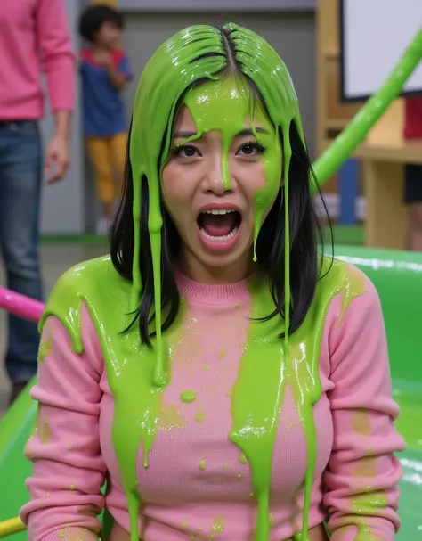 Cinematic photograph of Asian teen covered in dripping green slime. Wearing pink sweater. f/1.4 aperture. hyper-realistic style. (Asian teen: 1.1). black hair. Long fake eyelashes. Slime. 50mm. 8k. Masterpiece. Inside Nickelodeon gameshow. Figure it out ga...