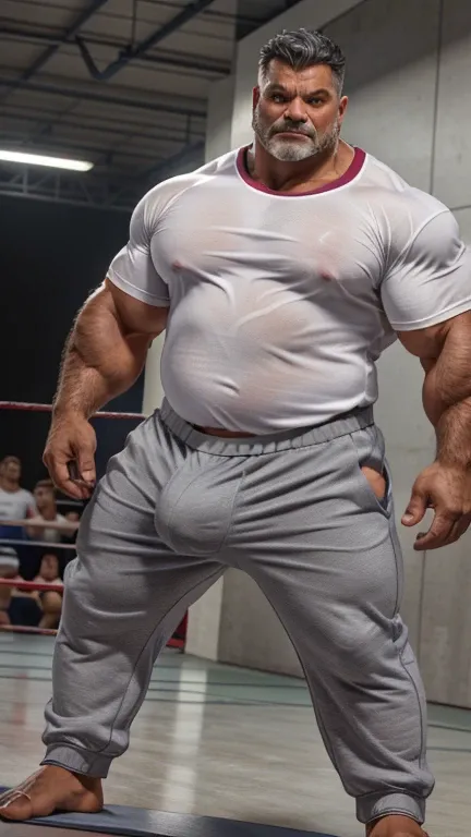 fat middle-aged male professional wrestler。 huge muscles。Huge belly。  Dynamic Poses 。 Pro Wrestling。 (white tight Ｔ shirt:1.5)。 (Grey tight sweatpants:1.5)。 ( extremely huge bulge :1.5)。 Full body portrait。barefoot。 ( Tanned Skin:1.5)。 for glossy skin。Glow...