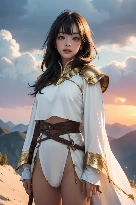 ((masterpiece, best quality, extremely detailed), volumetric lighting, ambient occlusion, colorful, glowing), 1girl, solo, young girl, (dark hair), long hair, ranger suit, hunter class dnd, cloak, (white outfit with gold detailst:1.3), armor, outdoors, sun...