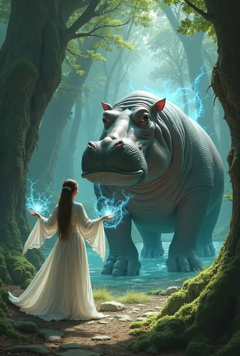 an elf casting a spell on a hippopotamus turning it to stone