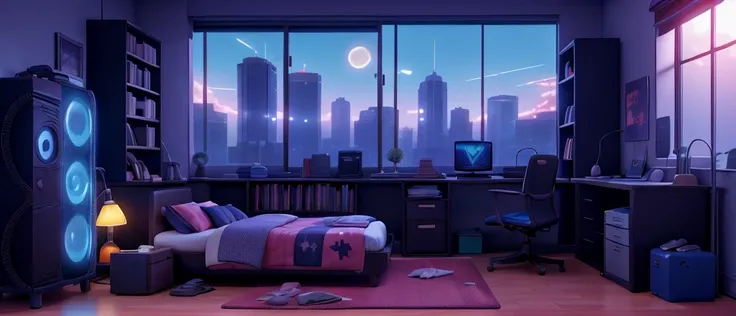 Highly detailed, anime style, synthwave style, record player, room with bed in the corner and bookcase, computer, a room with a blue palette, mens room, lofi style, LED lights, dark tones, building view from the window, night, technology, gaming computer, ...