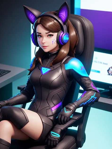 Fortnite medical secretary skin seat on a chair. With cat ears, dark half long brown hair, a gamers headset and a black catsuit with blue iridescence.