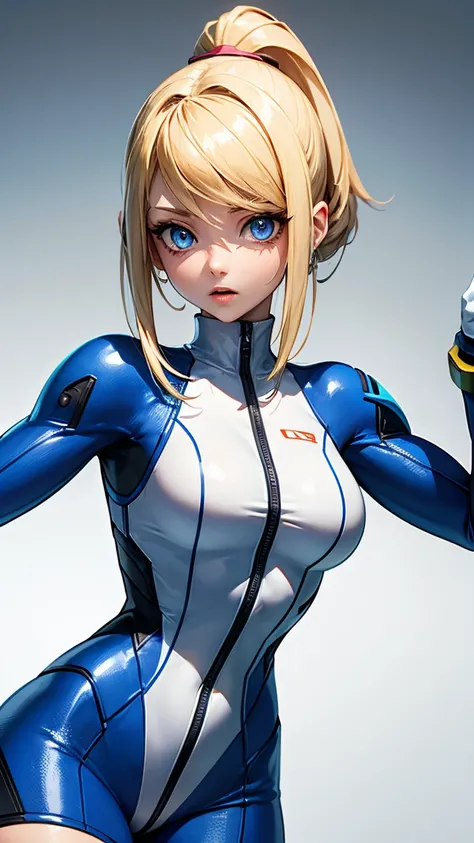  Female character Samus Aran, blue eyes, Albino skin,  blond hair, classic blue uniform .