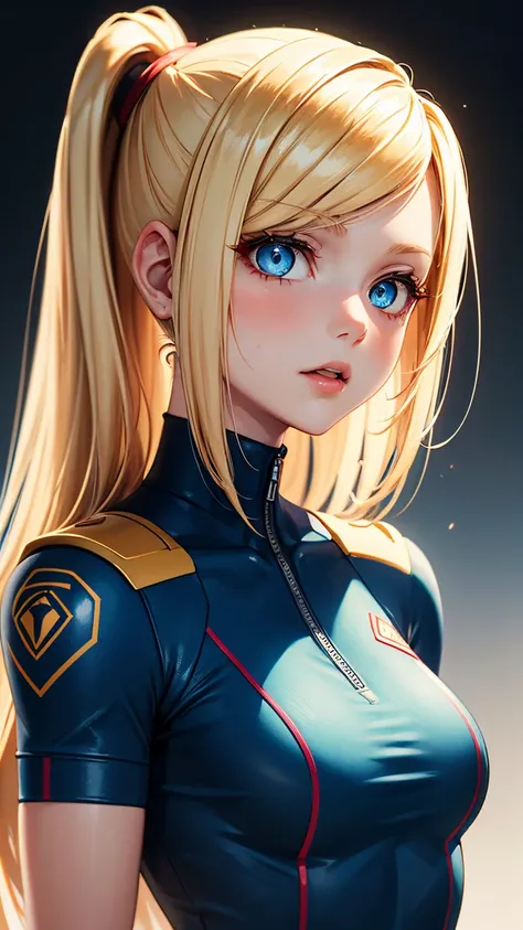  Female character Samus Aran, blue eyes, Albino skin,  blond hair, classic blue uniform .