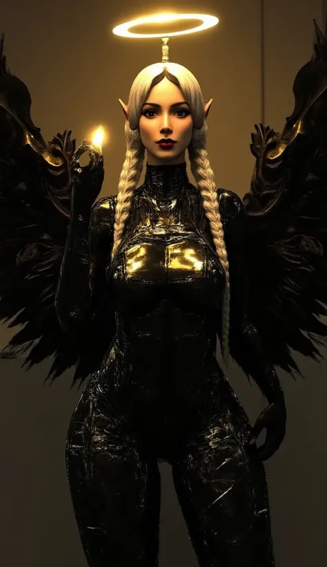 A photo of a robot that looks like a very beautiful woman with long silver-blond hair braided in two pigtails, big eyes, with sexy big breasts, standing in a dimly lit Gothic setting. Her body is covered with circuits and modules that form a seductive and ...