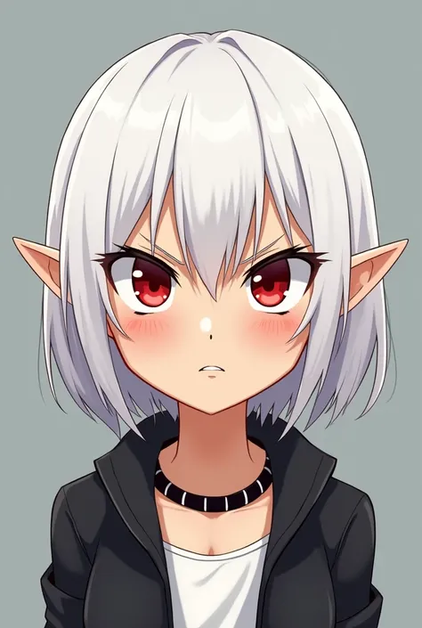 Simple chibi anime comic panel of a girl who is an adult,brown,with crimson red eyes,cabello blanco corto, white skin ,with a black jacket,A black stripe necklace ,elf-like ears ,He has a serious and angry but beautiful face.