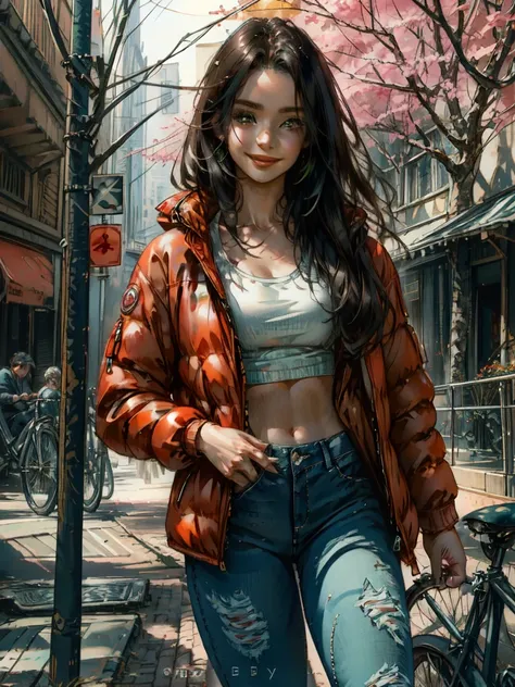 a gorgeous brunette woman (Cristy Ren),, masterpiece, best quality, (photorealistic:1.4), (RED SOFT PUFFER JACKET:1.25), (white tank top:1.1), (blue ripped jeans:1.2), background posing in Amsterdam, red light district Amsterdam, green trees, beautiful flo...