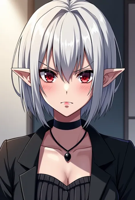 Simple anime comic panel of a girl who is an adult,brown,with crimson red eyes,cabello blanco corto, white skin ,with a black jacket,A black stripe necklace ,elf-like ears ,He has a serious and angry but beautiful face.