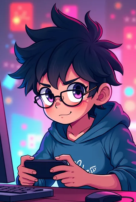 Wallpaper with a cartoon of a skinny young gamer in male anime format short hair with glasses