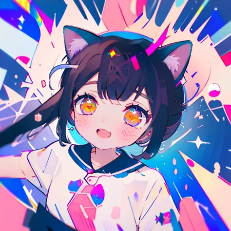 Brown hair, long two twintails, cute- perfect bangs, cat ears, white short sleeved shirt, red eyes, blue skirt, red tie, looking at viewer, the best quality, the background is blurred and has a blue and purple sunset with pink grass and black trees *NO EXT...