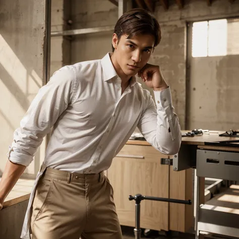 solo, man, sharp jawline, muscular, long sleeve dress shirt, chinos, model posing, photoshoot, studio, ultra realistic, sun lighting