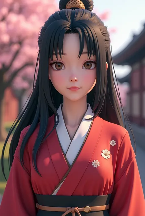 Can make a picture of a mature girl with black hair that looks like cherry blossoms in the same clothes but different colors of clothes in the anime Boruto the next generation. realistic 3d 