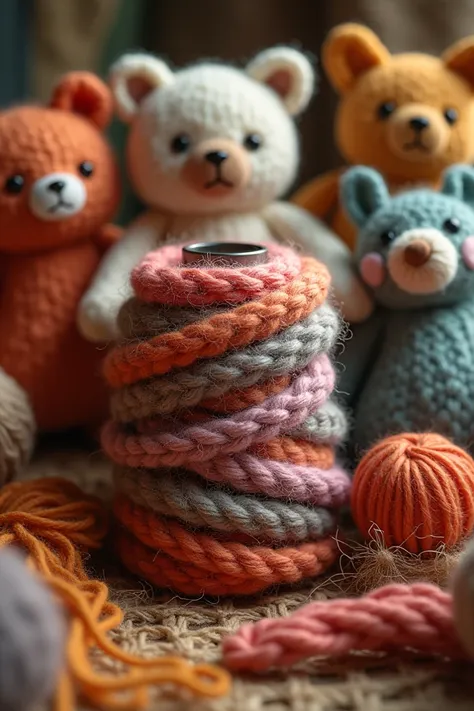  Yarn of wool with an embedded clasp, in the background various woven stuffed animals 