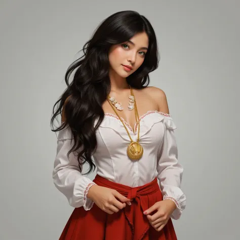 A gypsy with green eyes black hair, white blouse with gold medals and red skirt with ruffles, seashell necklaces.