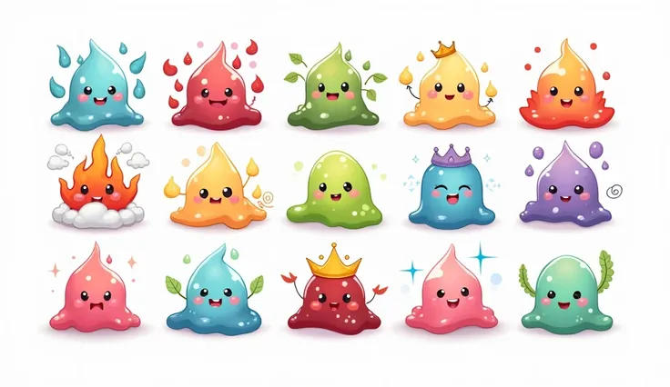 A collection of nine colorful slimes, arranged in a grid of three rows and three columns, each representing a specific color and characterized by unique visual elements. Each slime has a gelatinous appearance with a soft shine, simplified and expressive ca...