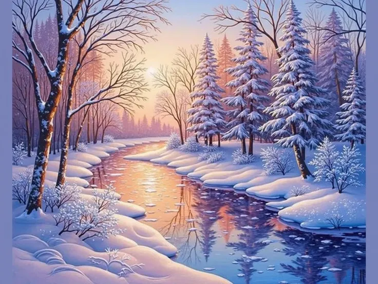 a painting of a snowy river in a forest with trees, a fine art painting inspired by Tibor Rényi, shutterstock, process art, winter painting, super detailed oil painting, beautiful snowy landscape, warm beautiful scene, detailed 4 k oil painting, smooth oil...