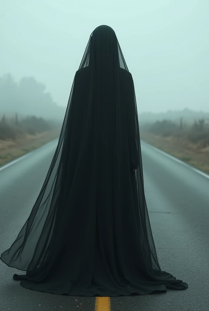  A mysterious woman dressed in a long black veil , standing in the middle of a deserted road ,  with the wind lifting the veil slightly and creating an unsettling atmosphere.