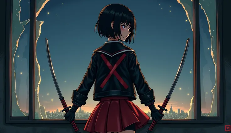 full-length image. A teenage woman, short black hair, wearing gloves, boots, and a Japanese schoolgirl-style skirt in black and scarlet red. She wears a leather jacket with a red X on the back. She has two cursed katanas in her hands, one in each hand, and...