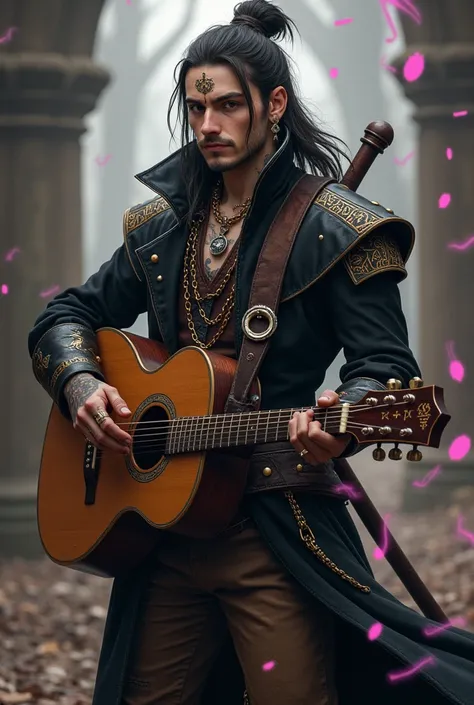 until,  an 18-year-old bard ,  character from a Middle Earth RPG , He has a Steam Punk visual style ,  a black leather overcoat ,  earrings with silver rings on the ears ,  a silver nose piercing , runic tattoos all over the body, chains on the neck. Long ...