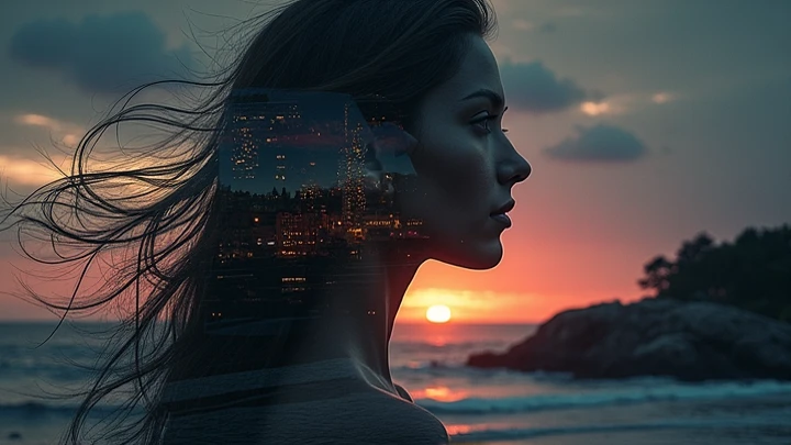 high quality, 8K Ultra HD, A beautiful double exposure that combines an goddess silhouette with sunset coast, sunset coast should serve as the underlying backdrop, with its details incorporated into the goddess , crisp lines, The background is monochrome, ...