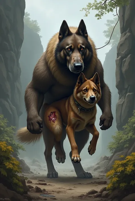 "generate an image of a large dog carrying a bruised dog on its back"