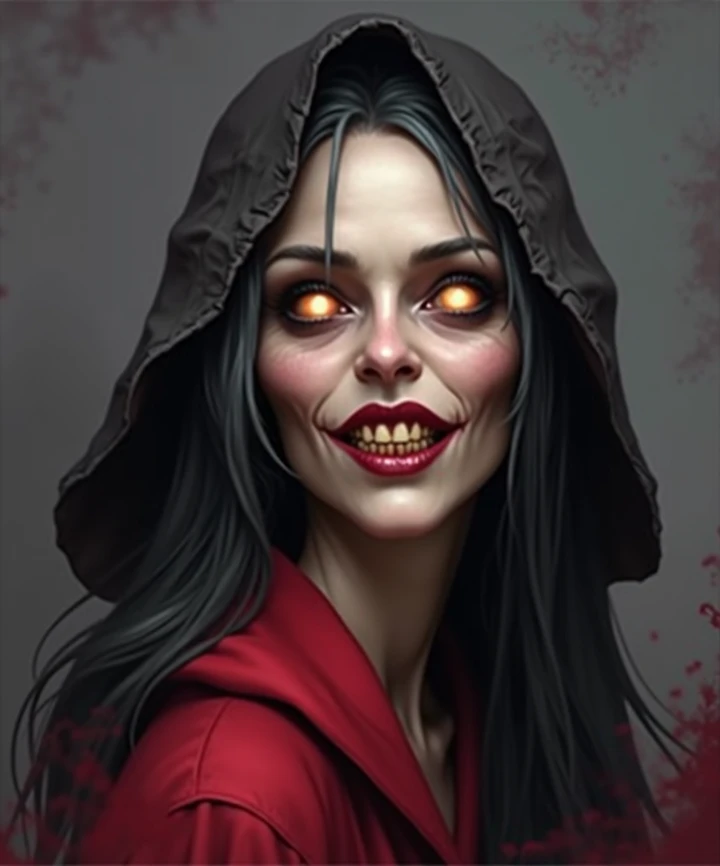 a close up of a creepy looking scare with a hat on, horror fantasy art, fantasy horror art, detailed 4k horror artwork, dark fantasy horror art, evil sorceress witch, portrait of a witch, evil smile and glowing eyes, scary portrait, scary look, witch woman...