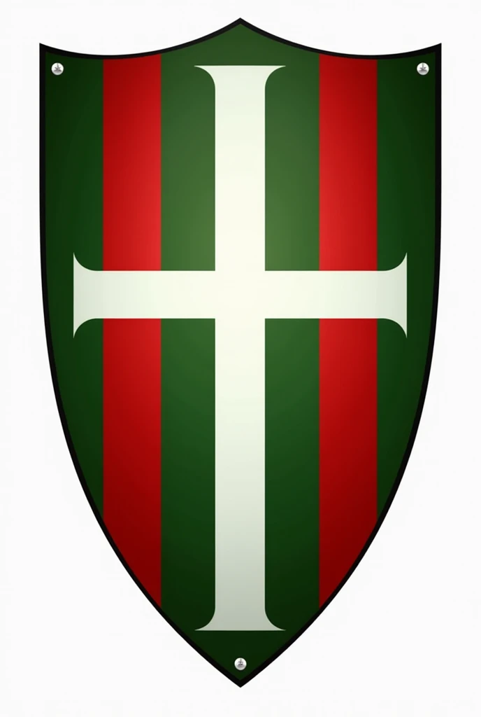  Create a shield for a red .  It will be striped with green and red, with a white cross in the middle , It should be simple and be in the style of soccer shields