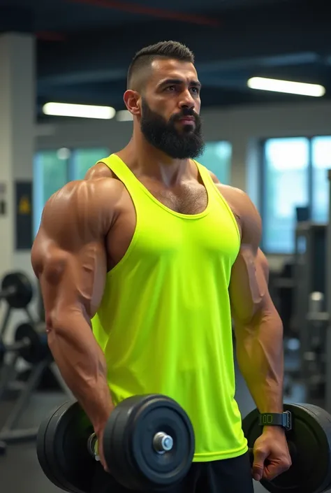 in a gym, A short and short bearded Arabian man ,  wearing a fluorescent yellow tank top carries a dumbbell