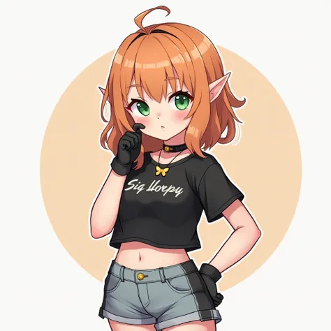 create a 2D image of a girl vtuber  , anime, elf ears,  with medium hair that reaches up to the shoulder, very light orange hair color , Classic fringe, white pele,  two strands on top of the hair , light green eyes, very light freckles under the nose ,  c...