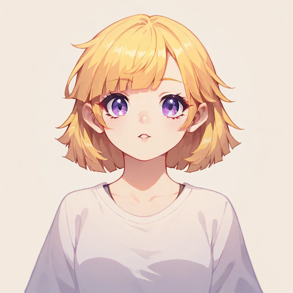 ((highest quality))), (simple background), solo, 1girl, purple eyes, blonde hair, bangs, bangs,