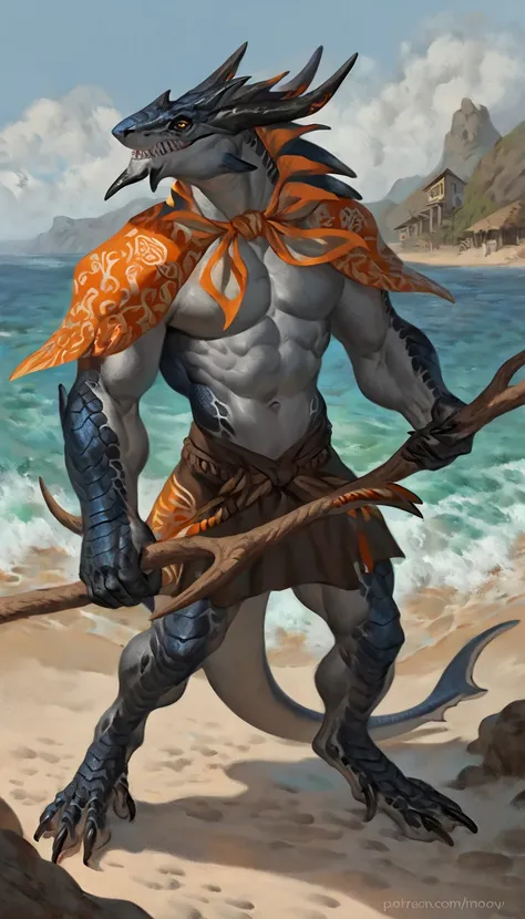 anthro shark, gray belly, black and blue hands and fins, black back, solo, big arms, koholasaurus from genshin impact, lizard shark hybrid, anthro, detailed scales, wide chest, wide neck, orange prints on muscles, marked jaw, beach, best quality, 4k, ultra...