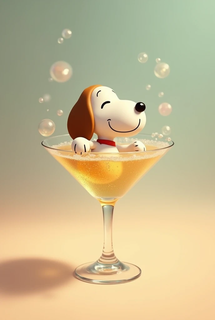 A picture of smal Snoopy bathes in a martini glass full of champagne. Use a Pixar style 