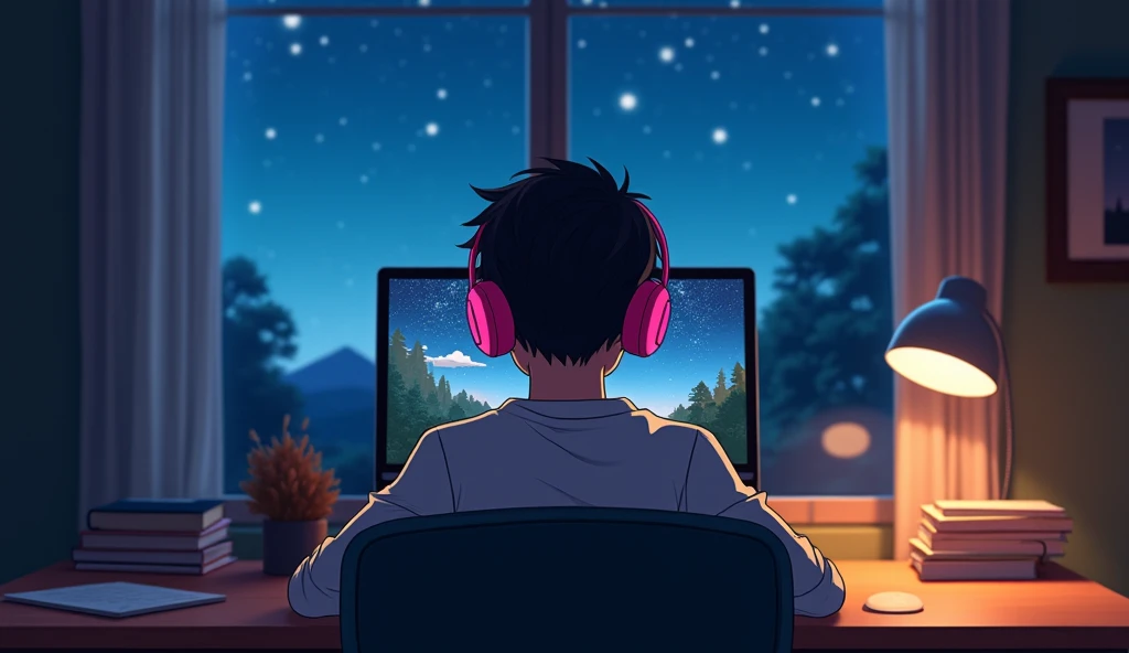 22-year-old boy with headphones, using the computer, in a calm and relaxed environment, with short black hair, it is night, you can see a landscape full of stars, a masterpiece, at night, very detailed and outlined background, very clear image , wooden des...