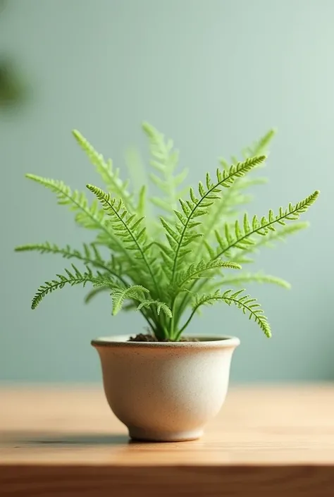 A sprig of baby fern, As small as 3 centimeters,  super realistic ,  in a pot on a table