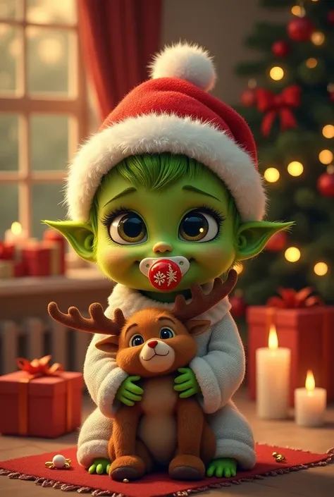 The picture shows a cute, green-skinned baby in the style of the Grinch, that in a festively decorated, warmly lit Christmas environment. It wears a fluffy red Santa hat with a white border and a cozy white sweater. The baby has large, expressive, sparklin...