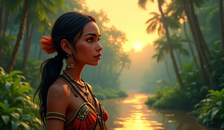  Indigenous woman from the Colombian Amazon ,  with a face marked by suffering and determination,  traditional indigenous clothing, in a jungle landscape at dawn ,  with giant trees and a quiet river in the background , in the foreground,  Pixar style,  ca...