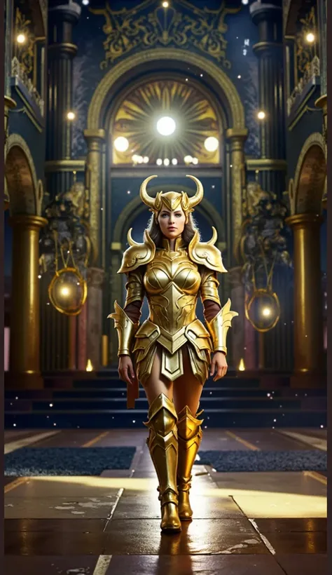 Create a highly realistic and cinematic 3D image of a female warrior  
wearing the golden armor of Taurus, inspired by "Saint Seiya."  
The armor is massive and imposing, featuring bull-like motifs and a helmet with large horns.  
She has long, flowing bla...