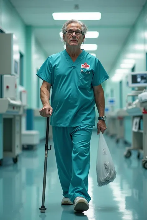  Make an image that creates a character with a cane like Dr. House , But adult , nerd, very ugly,  carrying a plastic bag with the clear label of "charcoal charcoal ",  in a newly-parity hospital , in an ICU environment . Place the emergency medicine logo ...