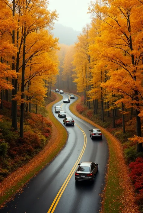  Make a horizontal image of a yellow forest of trees, red and green and in the middle of a double road , with cars driving 