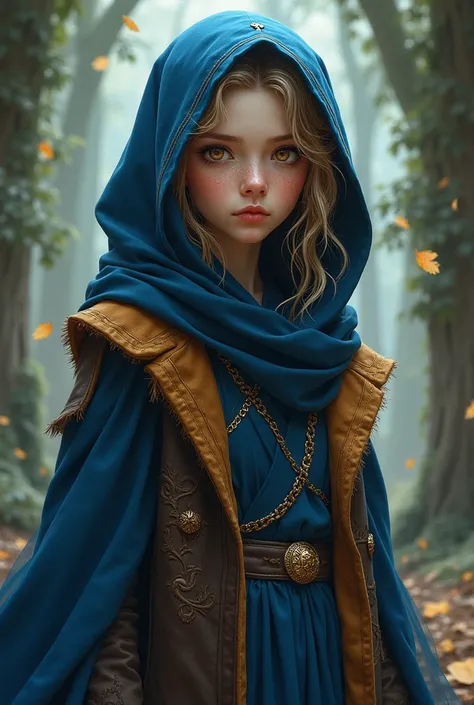  I could create a character with the following characteristics? castanho jacket, brown eyes wearing blue witch clothes at  . And let it be in a drawing 