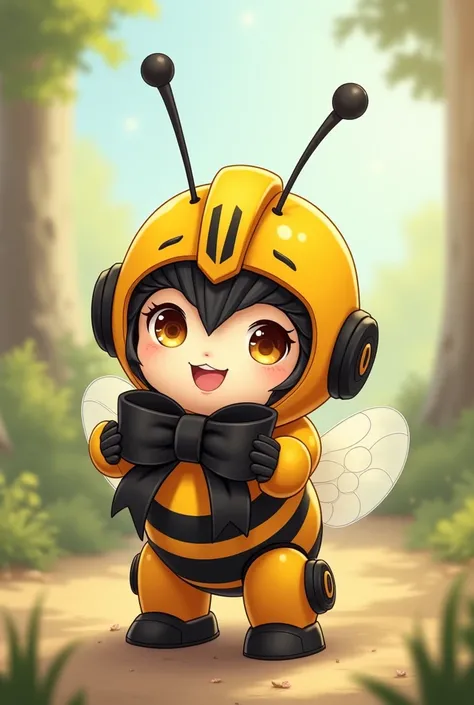 Little and adorable Bumblebee from Transformers Earth Spark ,  hugging a black bow. anime drawing 