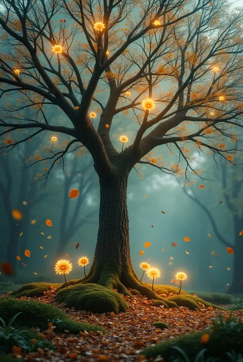 A tree whose leaves are falling ,  but luminous flowers begin to sprout on its branches.