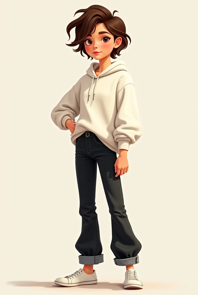  The girl is tall ,  She has short brown hair .  Shes not skinny but not chubby .  Shes wearing a white sweater and black baggy jeans. She has a big sweater on .  has white shoes.  Her hair is a little messy . And she stands .  I want it in cartoon movie s...