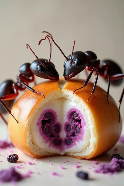 Mantou bread filled with milk cream with blackberry lines and big ass ants