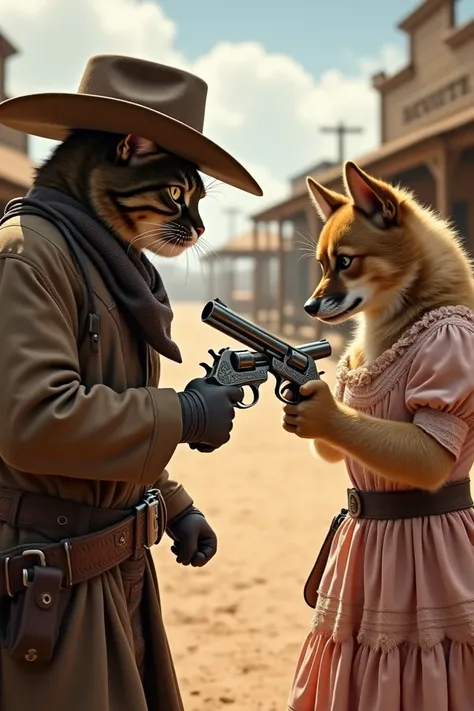 a cat in Old West clothing and his 2 guns face to face with an Old West dress dog with two rebounds about to fight a duel 