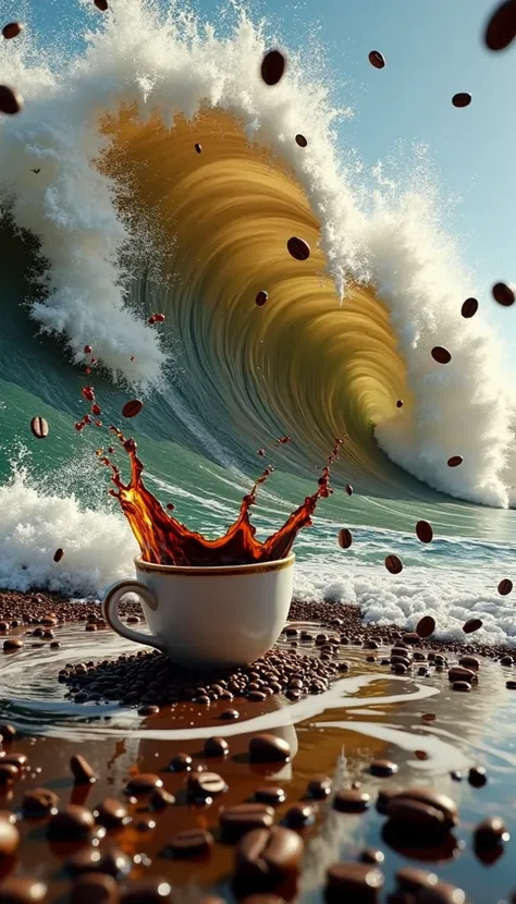 
“Animate the coffee spilling from the cup as a giant coffee wave collides, with coffee beans suspended mid-air for a dynamic effect.”