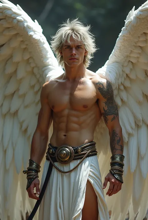  Create realistic photos depicting the figure of a muscular 17-year-old handsome man with an athletic body who looks like a warrior angel from mythology.  This young man has large white wings with gray tips ,  that stretches wide and powerful behind her , ...